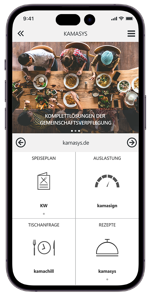kamasys App Gemeinschaftsverpflegung Kantine Betriebsgastronomie Startbildschirm