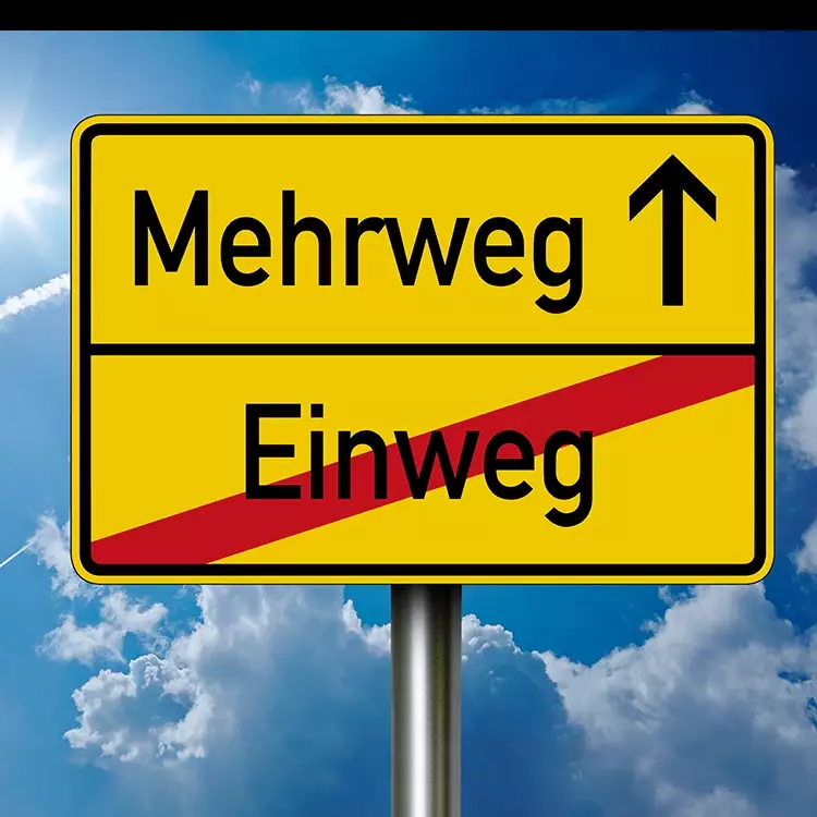 Header image for the blog post on mandatory reusability: You can see clouds and in front of them a place name sign. One-way is crossed out and above is reusable